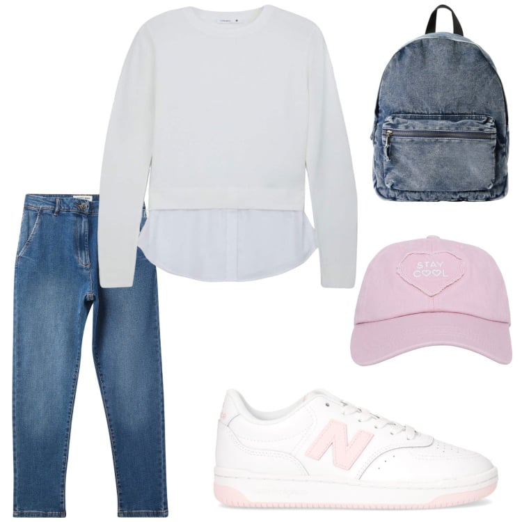 Outfit donna - Ritorno a scuola con energia. Stile Basic per Scuola/Università. Abbinamento con maglieria, jeans skinny, cappelli, zaini, sneakers.