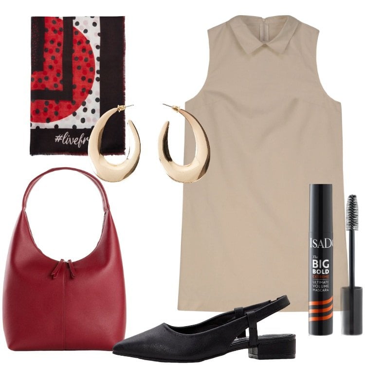 Outfit donna - Abito corto Bon Ton. Stile Bon Ton per Tutti i giorni. Abbinamento con décolleté, shopping bag, orecchini, mascara, foulard, vestiti a tubino.