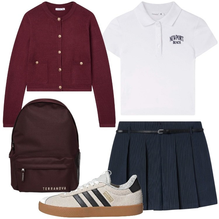 Outfit donna - Terranova - Back To School. Stile Preppy per Scuola/Università. Abbinamento con cardigans, polo, zaini, minigonne, sneakers.