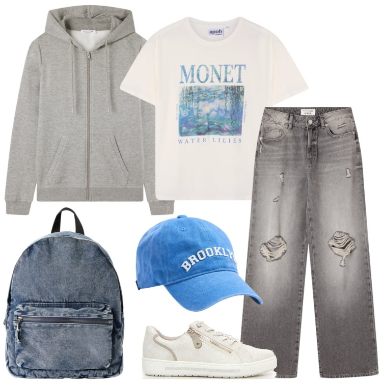 Outfit donna - Total look #2231832. Stile Urban per Scuola/Università. Abbinamento con felpe con cappuccio, cappelli, zaini, t-shirt, jeans strappati, sneakers.