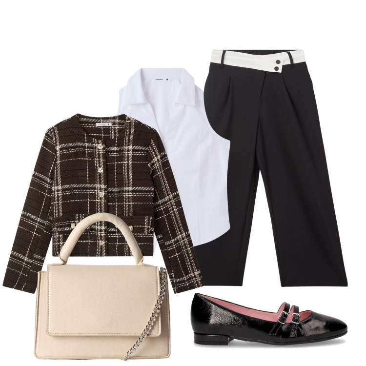 Outfit donna - Back to school in grande stile. Stile Chic per Scuola/Università. Abbinamento con blazer, pantaloni, camicie, borse a tracolla, ballerine.