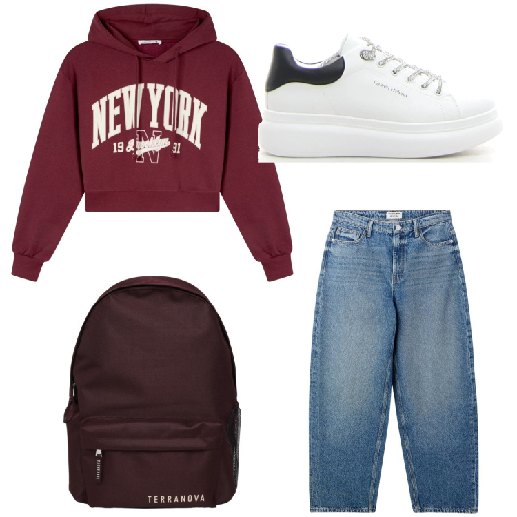 Outfit donna - Terranova - Back To School. Stile Minimal per Scuola/Università. Abbinamento con zaini, felpe con cappuccio, jeans, sneakers.