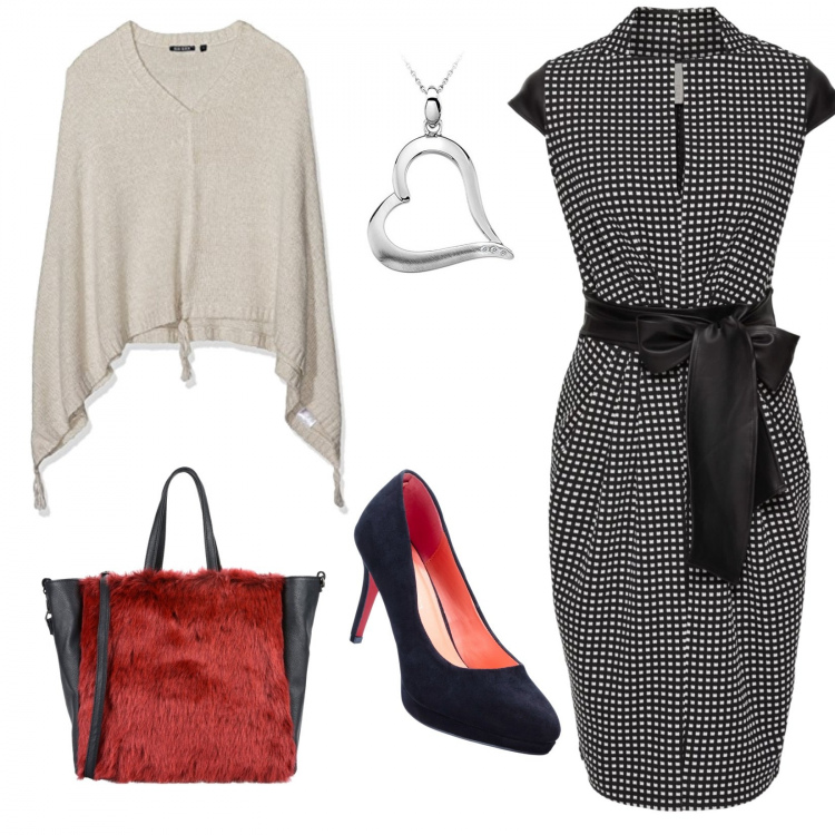 Outfit donna - È venuta mia madre a farmi visita. Stile Trendy per Tutti i giorni. Abbinamento con vestito, décolleté, borsa a mano in pelle sintetica, poncio blu e beige, collana in sterling 925 argento.