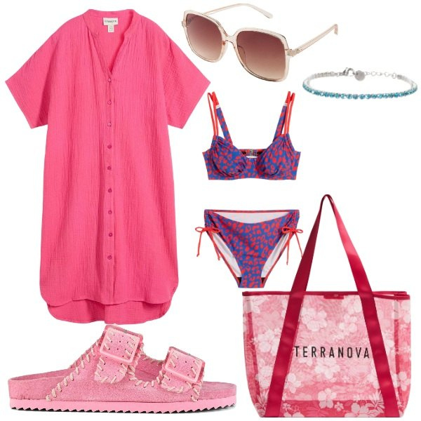 Outfit donna - Chemisier fucsia. Stile Basic per Mare. Abbinamento con vestiti chemisier, occhiali da sole, bikini, shopping bag, braccialetti, sandali.