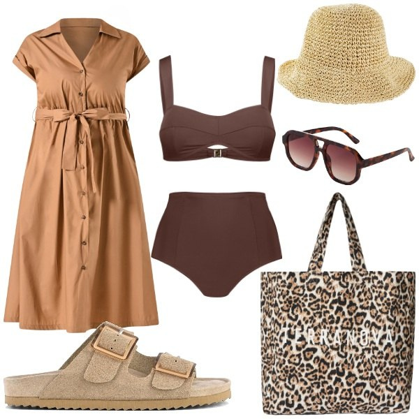 Outfit donna - Chemisier con cintura. Stile Basic per Mare. Abbinamento con cappelli, occhiali da sole, borse tote, vestiti chemisier, bikini, sandali.