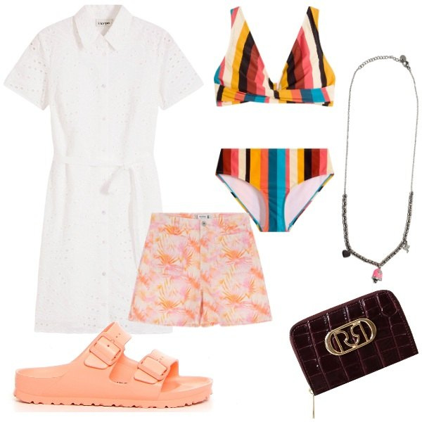 Outfit donna - Chemisier e shorts. Stile Basic per Mare. Abbinamento con bikini, vestiti chemisier, shorts, portafogli, ciondoli, ciabatte.