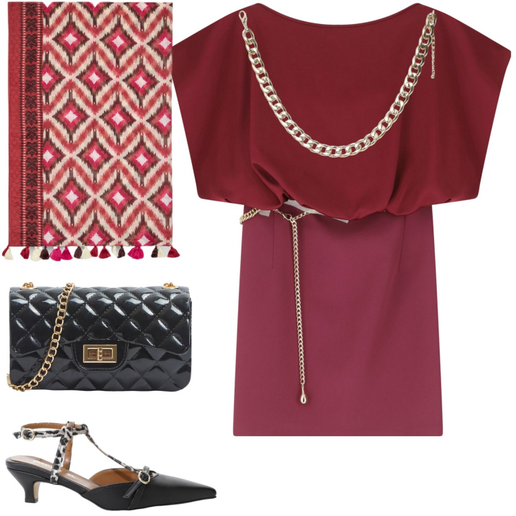 Outfit donna - A cena fuori. Stile Glamour per Serata fuori. Abbinamento con borse a tracolla, collane, vestiti corti, décolleté, sciarpe.