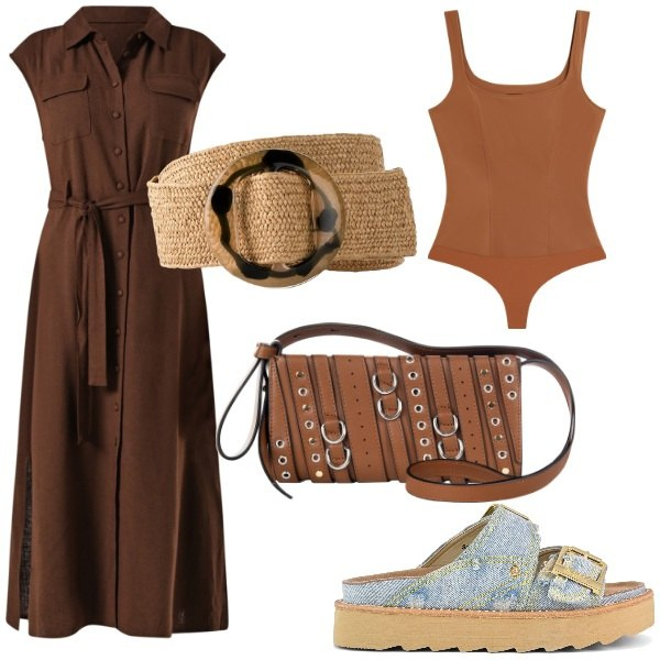 Outfit donna - Due opzioni per il punto vita. Stile Casual chic per Tutti i giorni. Abbinamento con cinture, borse a spalla, vestiti chemisier, body, sandali.