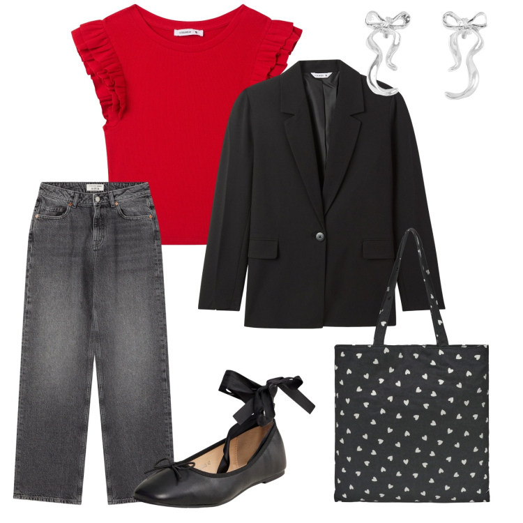 Outfit donna - Terranova a scuola. per Scuola/Università. Abbinamento con t-shirt, orecchini, borse tote, jeans, ballerine, blazer.