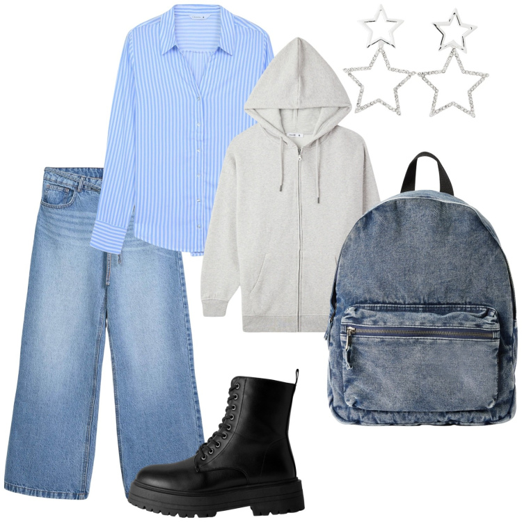 Outfit donna - Terranova scuola. per Scuola/Università. Abbinamento con jeans, zaini, orecchini, anfibi, camicie, felpe con cappuccio.