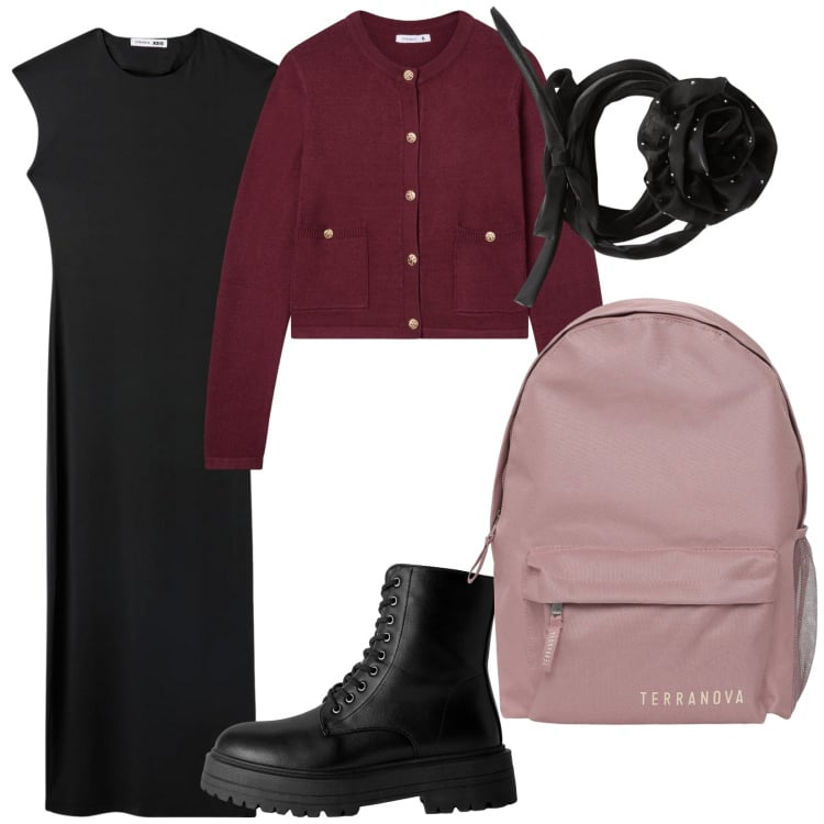 Outfit donna - Terranova a scuola. per Scuola/Università. Abbinamento con vestiti midi/longuette, anfibi, collane, zaini, cardigans.