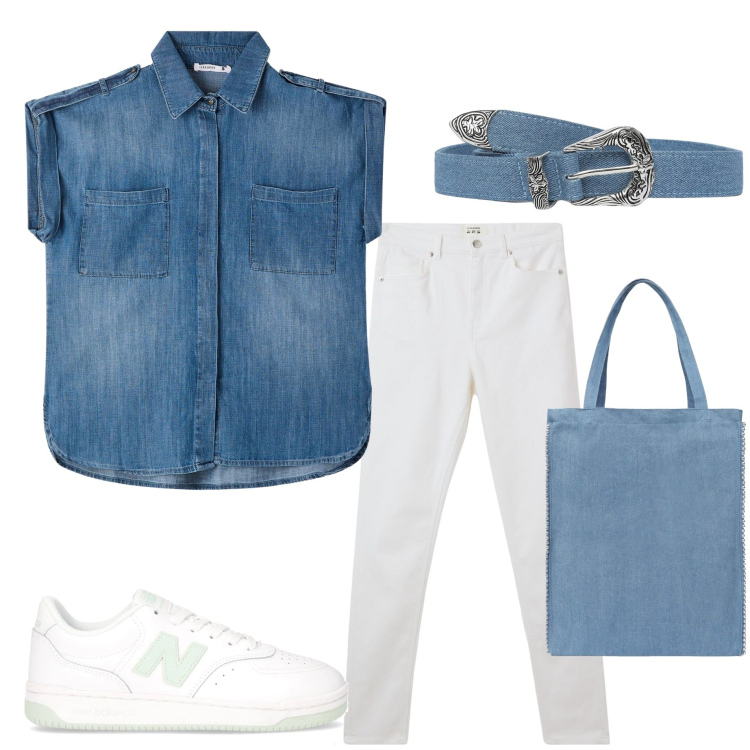 Outfit donna - Back ti school. Stile Casual per Scuola/Università. Abbinamento con camicie a manica corta, pantaloni skinny, borse tote, cinture, sneakers.