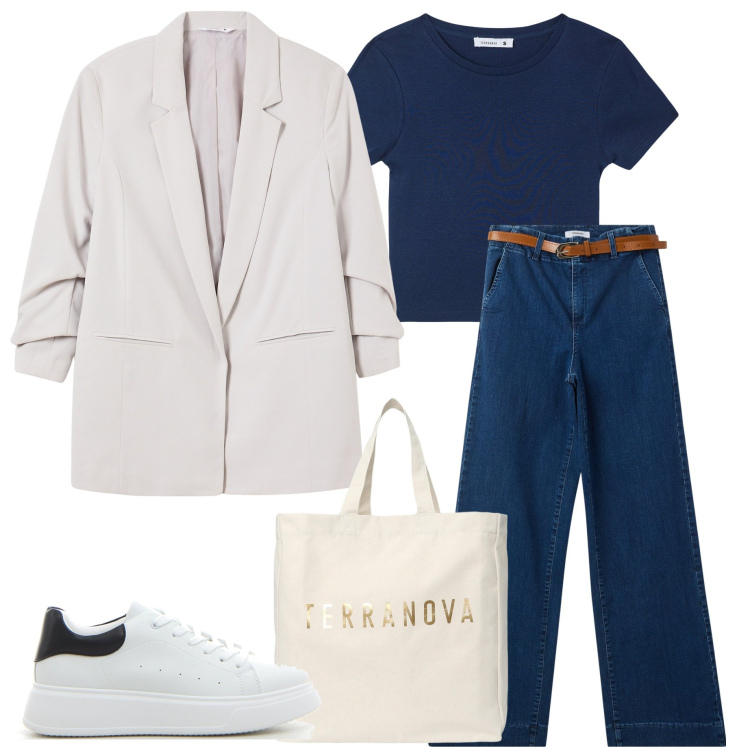 Outfit donna - Back ti school. Stile Casual per Scuola/Università. Abbinamento con blazer, t-shirt, borse tote, jeans, sneakers.