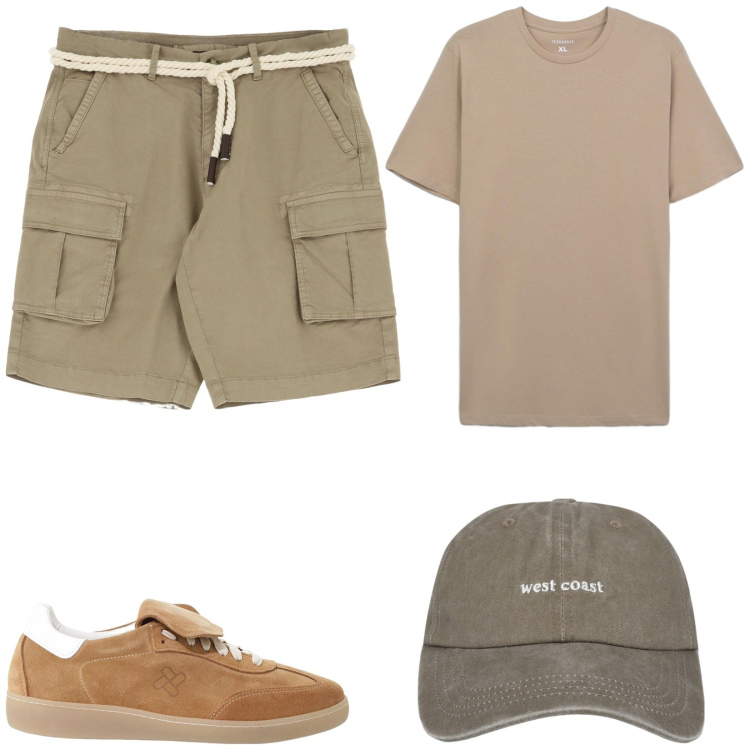 Outfit uomo - Tonalità neutre e polverose. Stile Urban per Tutti i giorni. Abbinamento con cappelli, t-shirt, sneakers, bermuda.