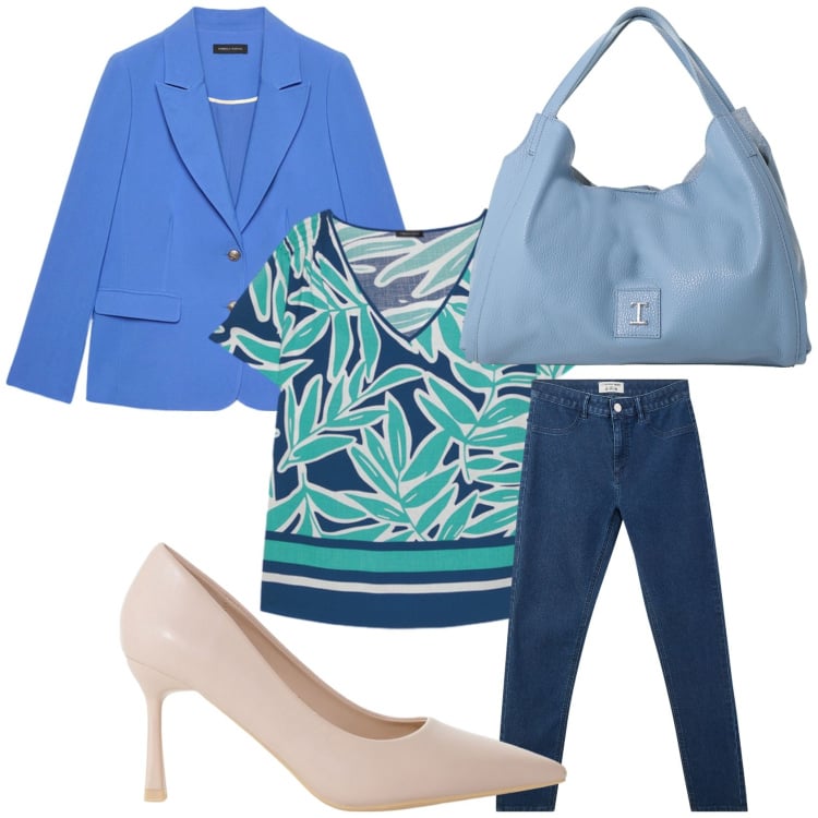 Outfit donna - Sfumature di blu. Stile Casual per Ufficio. Abbinamento con jeggings, décolleté, pochette, bluse, blazer.