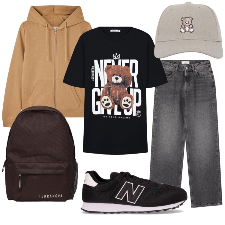 Outfit donna - Back to school con Terranova. Stile Trendy per Scuola/Università. Abbinamento con felpe con cappuccio, cappelli con visiera, t-shirt, zaini, jeans, sneakers.