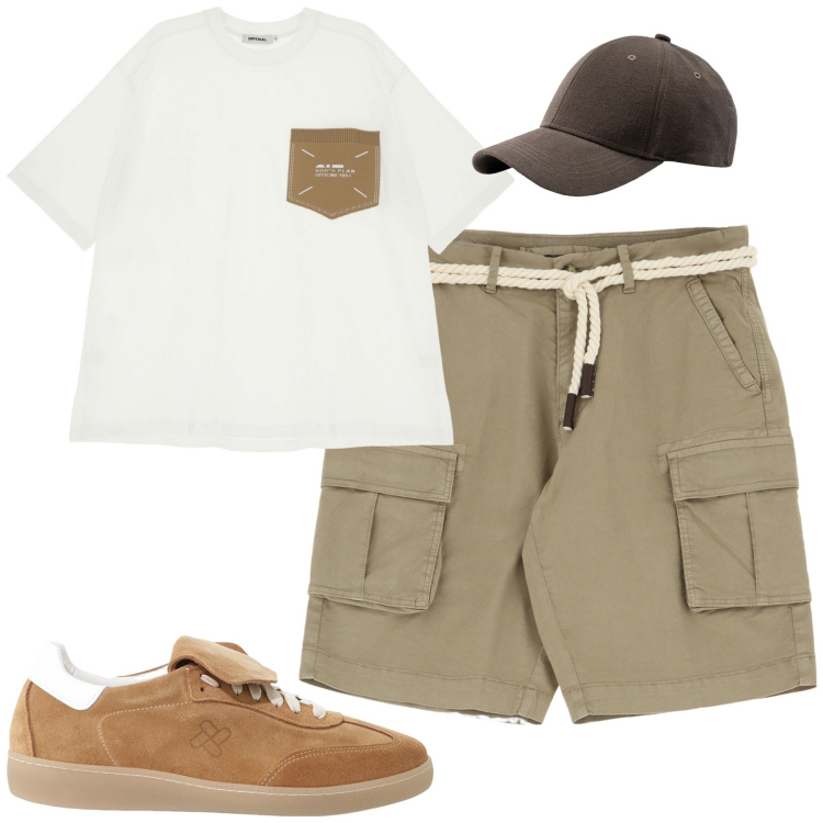 Outfit uomo - Agosto. Stile Casual per Tutti i giorni. Abbinamento con t-shirt, sneakers, bermuda, cappelli con visiera.