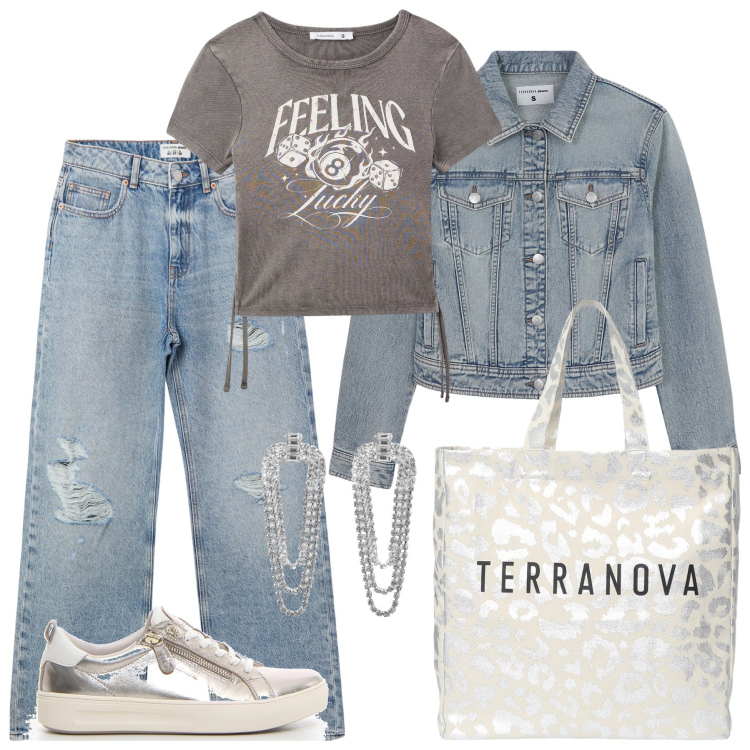 Outfit donna - Casual trandy in università. Stile Trendy per Scuola/Università. Abbinamento con jeans strappati, orecchini, t-shirt, borse tote, blazer, sneakers.