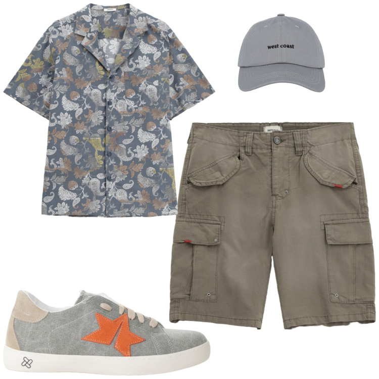 Outfit uomo - Agosto. Stile Casual per Tutti i giorni. Abbinamento con cappelli con visiera, sneakers, bermuda, camicie a manica corta.