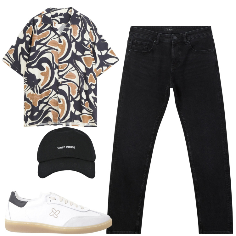 Outfit uomo - Agosto. Stile Casual per Tutti i giorni. Abbinamento con jeans, cappelli con visiera, camicie a manica corta, sneakers.