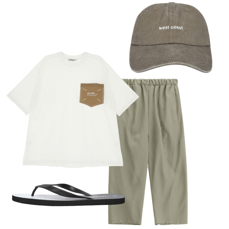 Outfit uomo - Il taschino. Stile Casual per Tutti i giorni. Abbinamento con cappelli, sandali, t-shirt, pantaloni.