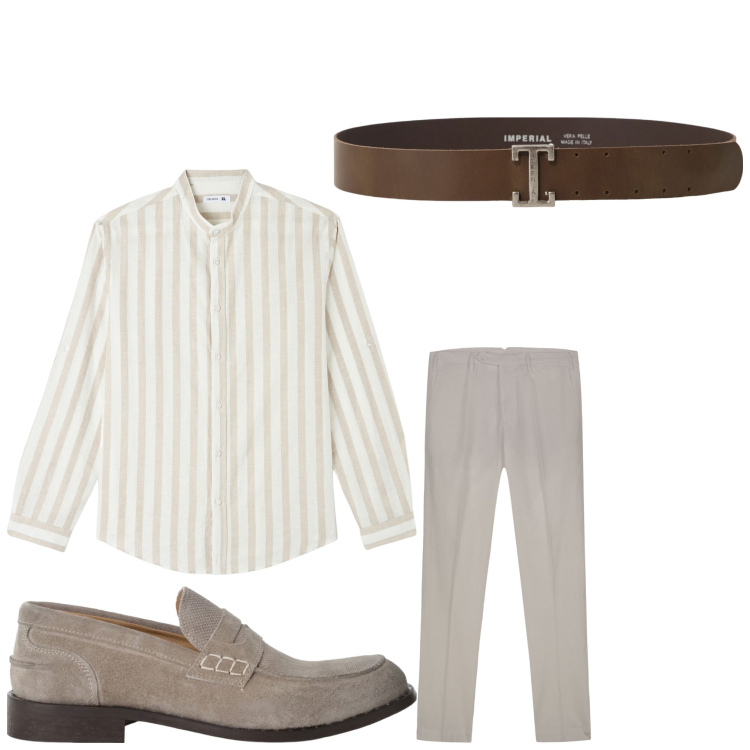 Outfit uomo - Camicia a righe. Stile Casual per Serata speciale. Abbinamento con camicie, cinture, scarpe stringate, pantaloni.