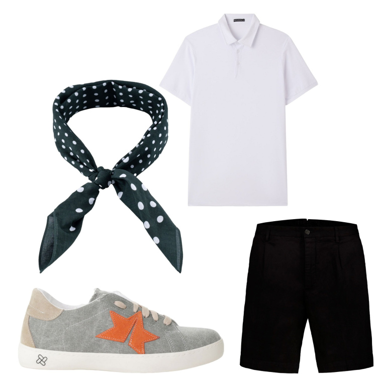 Outfit uomo - Mr.Pois. Stile Casual per Tutti i giorni. Abbinamento con polo, sneakers, sciarpe e foulard, bermuda.