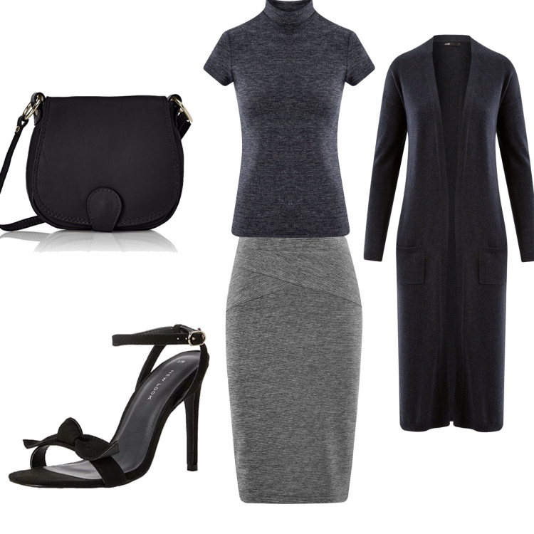 Outfit donna - Trendy under 100€. Stile Trendy per Ufficio. Abbinamento con gonna a tubino aderente grigio, cardigan maxi aderente blu, maglione collo a dolcevita a maniche corte blu, scarpe col tacco open toe nero, pochette nero.