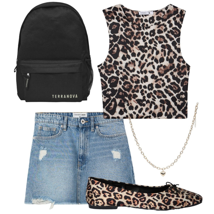 Outfit donna - Back to school con Terranova. Stile Trendy per Scuola/Università. Abbinamento con top, minigonne, collane, zaini, ballerine.
