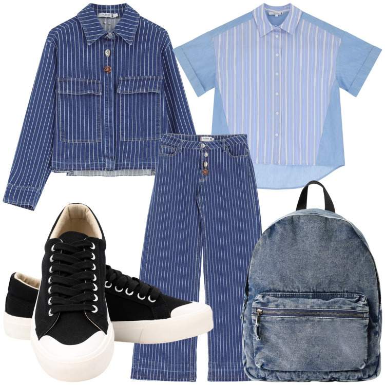 Outfit donna - Stripes… Please. Stile Casual chic per Tutti i giorni. Abbinamento con zaini, jeans, blazer, camicie a manica corta, sneakers.