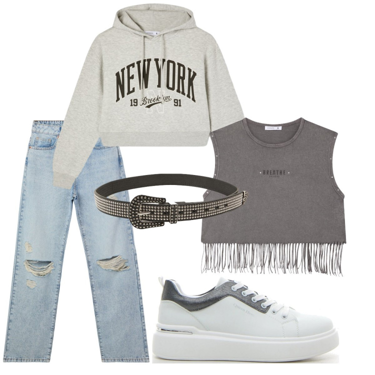 Outfit donna - Back to school con Terranova. Stile Casual chic per Scuola/Università. Abbinamento con jeans strappati, top, cinture, felpe con cappuccio, sneakers.