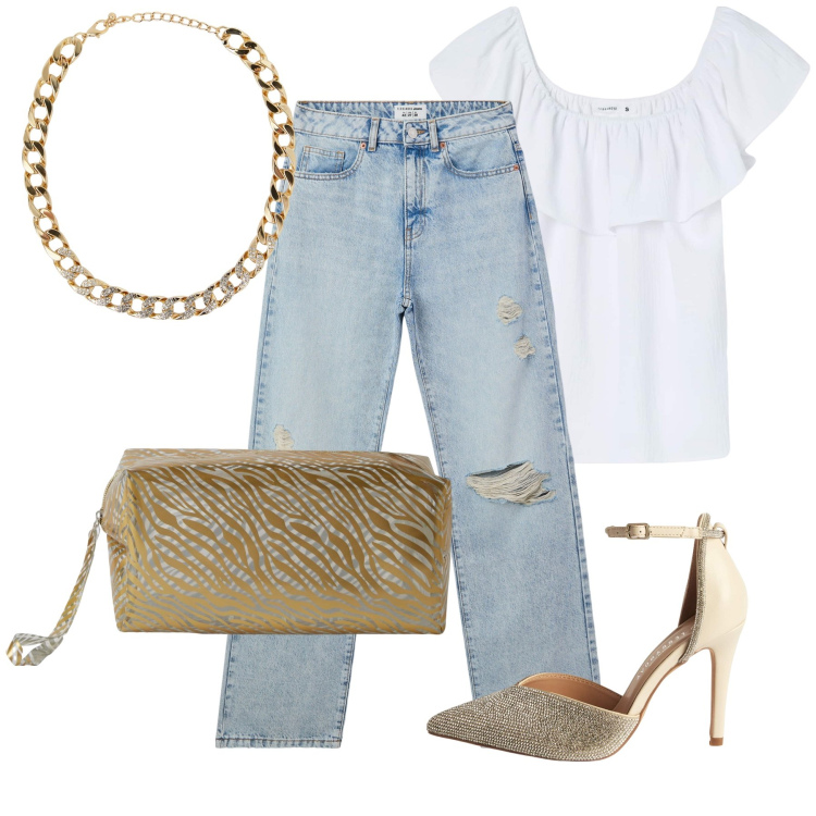 Outfit donna - Terranova aperitivo. Stile Glamour per Serata fuori. Abbinamento con jeans strappati, collane, décolleté, bluse, pochette.