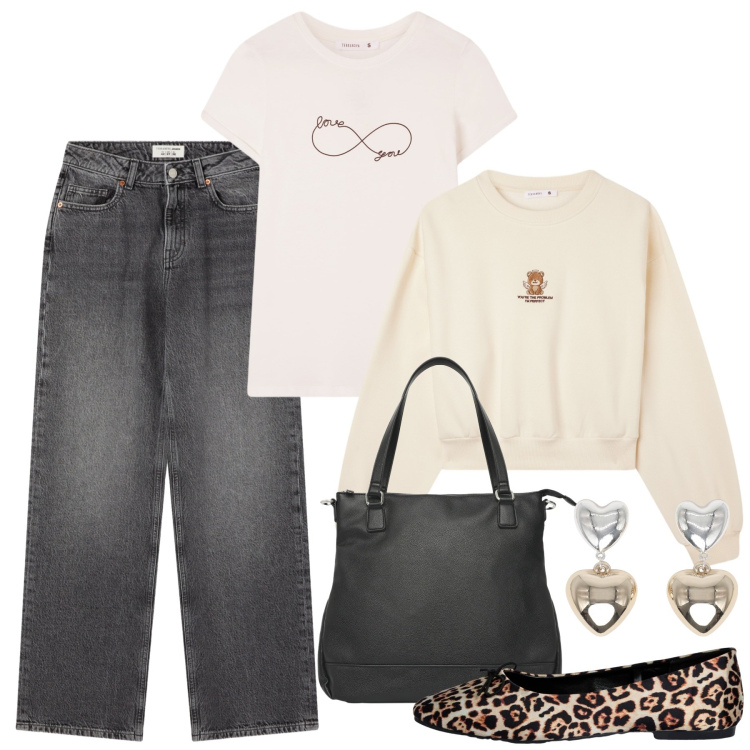 Outfit donna - Terranova - back to school. Stile Casual chic per Scuola/Università. Abbinamento con t-shirt, jeans, felpe, orecchini, shopping bag, ballerine.