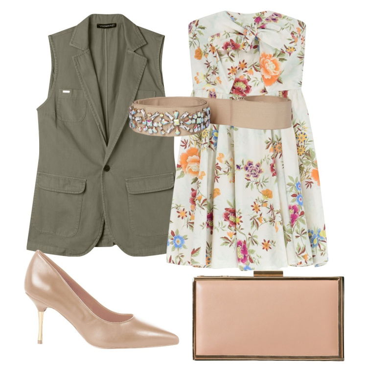 Outfit donna - Nuove proporzioni. Stile Bon Ton per Cerimonia. Abbinamento con décolleté, pochette, vestiti corti, gilet, cinture.