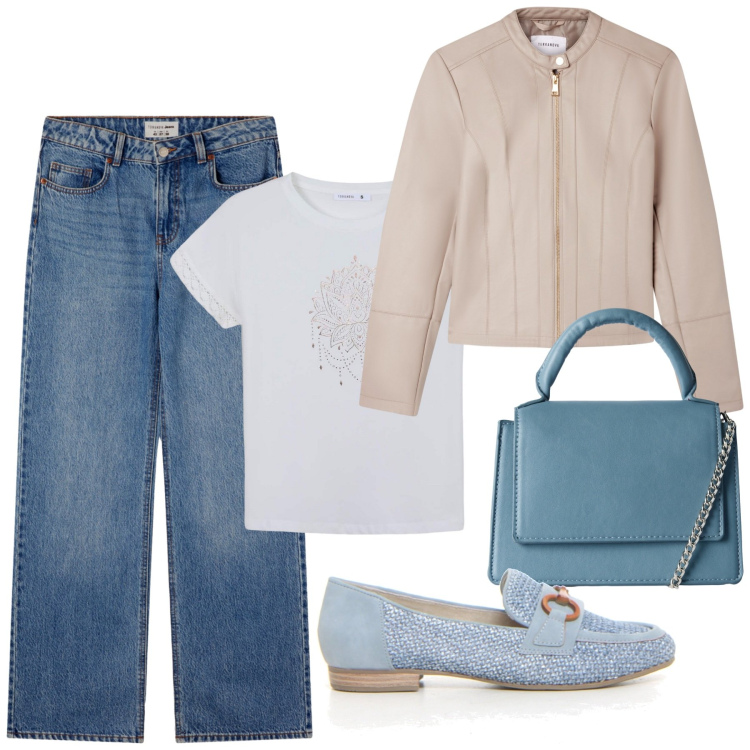 Outfit donna - Terranova - back to school. Stile Casual chic per Scuola/Università. Abbinamento con giacche, t-shirt, jeans, borse a tracolla, mocassini.