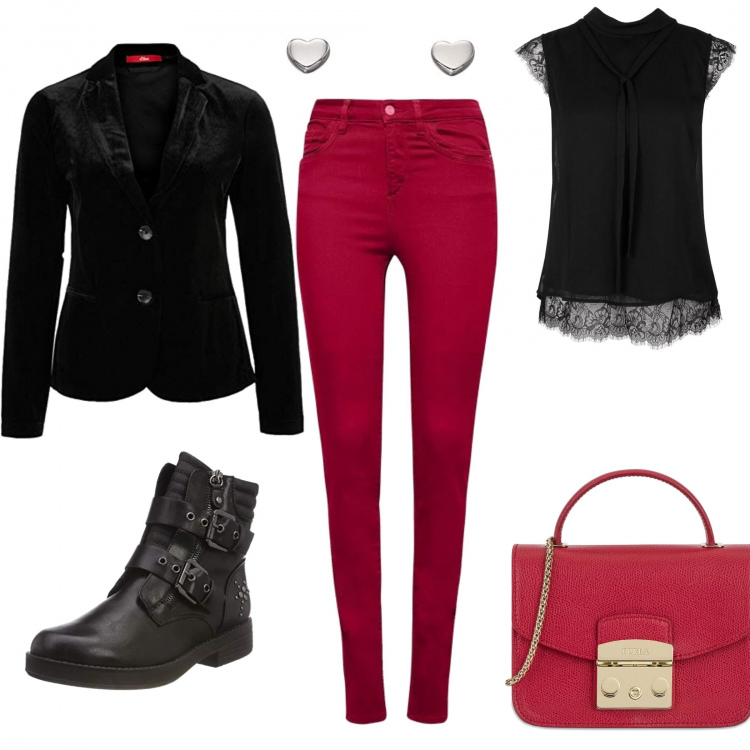Outfit donna - Urban #445. Stile Urban per Tutti i giorni. Abbinamento con stivaletti nero, camicia nero, pantalone rosso, blazer nero, borsa a tracolla mini, orecchini a perno.