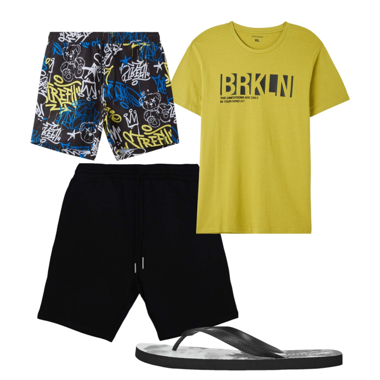 Outfit uomo - Agosto. Stile Casual per Tutti i giorni. Abbinamento con t-shirt, costumi, sandali, pantaloni corti.