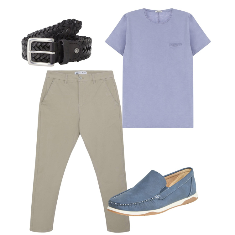 Outfit uomo - Agosto. Stile Casual per Tutti i giorni. Abbinamento con scarpe stringate, pantaloni chino, cinture, t-shirt.