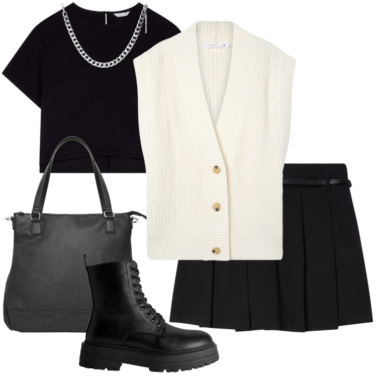 Outfit donna - Back to school. Stile Preppy per Scuola/Università. Abbinamento con gilet, minigonne, anfibi, t-shirt, shopping bag, collane.