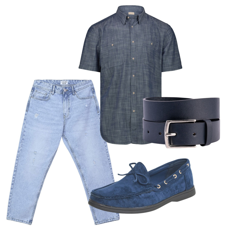 Outfit uomo - Chi ha una vita. Stile Casual per Tutti i giorni. Abbinamento con jeans strappati, scarpe stringate, cinture, camicie a manica corta.