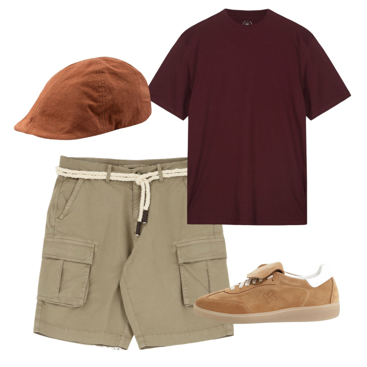 Outfit uomo - Agosto. Stile Casual per Tutti i giorni. Abbinamento con sneakers, bermuda, t-shirt, cappelli con visiera.