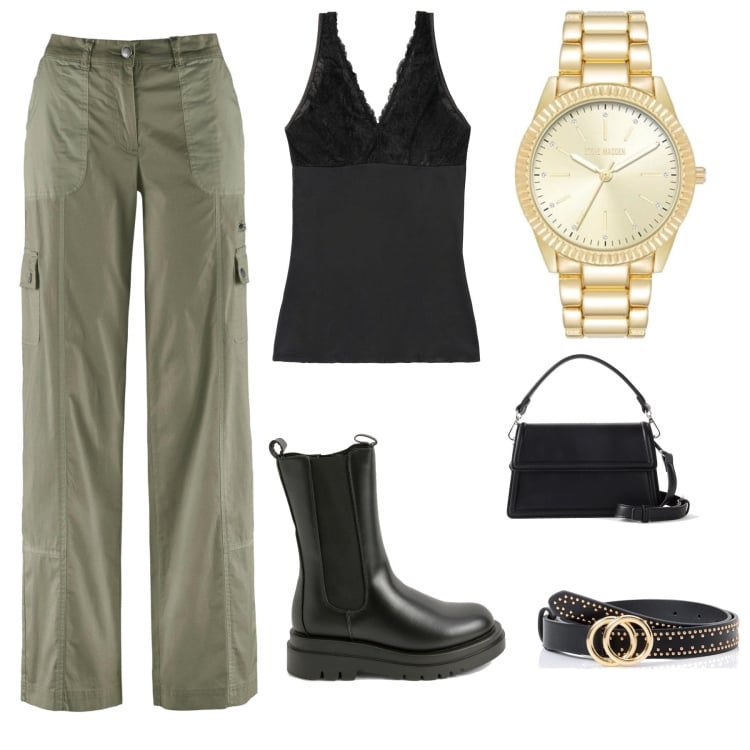 Outfit femme - Simple mais chic. Style Chic pour Bureau. Assortir avec pantalon cargo, hauts, sacs à main, boots, montres analogiques, ceintures.