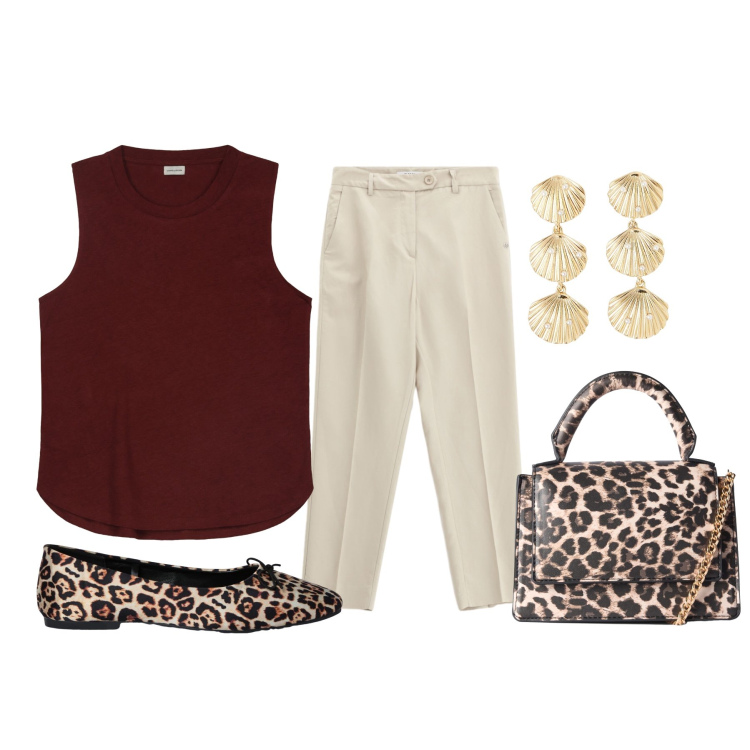 Outfit donna - Borsetta e ballerine Leo. Stile Casual chic per Tutti i giorni. Abbinamento con orecchini, ballerine, borse a tracolla, pantaloni chino, top.