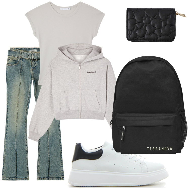 Outfit donna - Si torta a scuola. per Scuola/Università. Abbinamento con jeans a zampa, t-shirt, zaini, felpe con cappuccio, portafogli, sneakers.