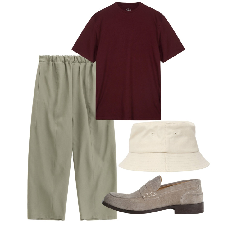 Outfit uomo - Agosto. Stile Casual per Tutti i giorni. Abbinamento con cappelli, scarpe stringate, pantaloni, t-shirt.