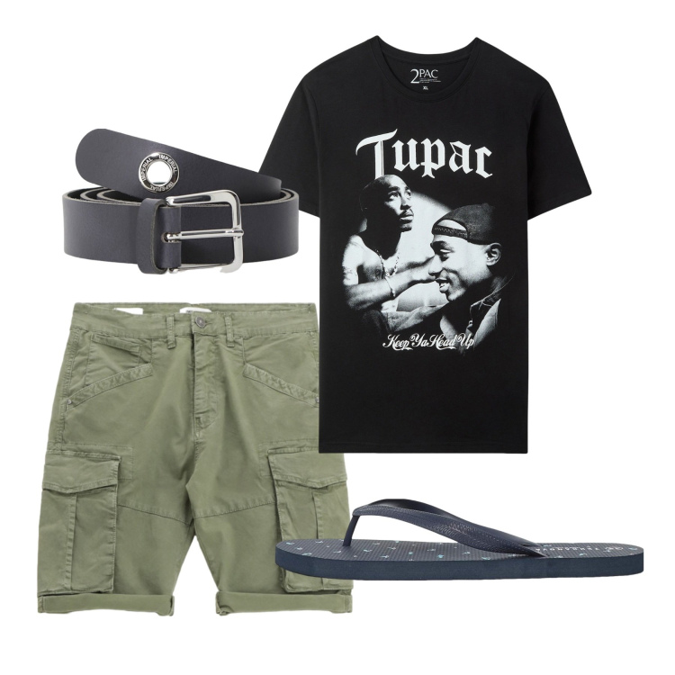 Outfit uomo - Agosto. Stile Casual per Tutti i giorni. Abbinamento con t-shirt, sandali, cinture, bermuda.