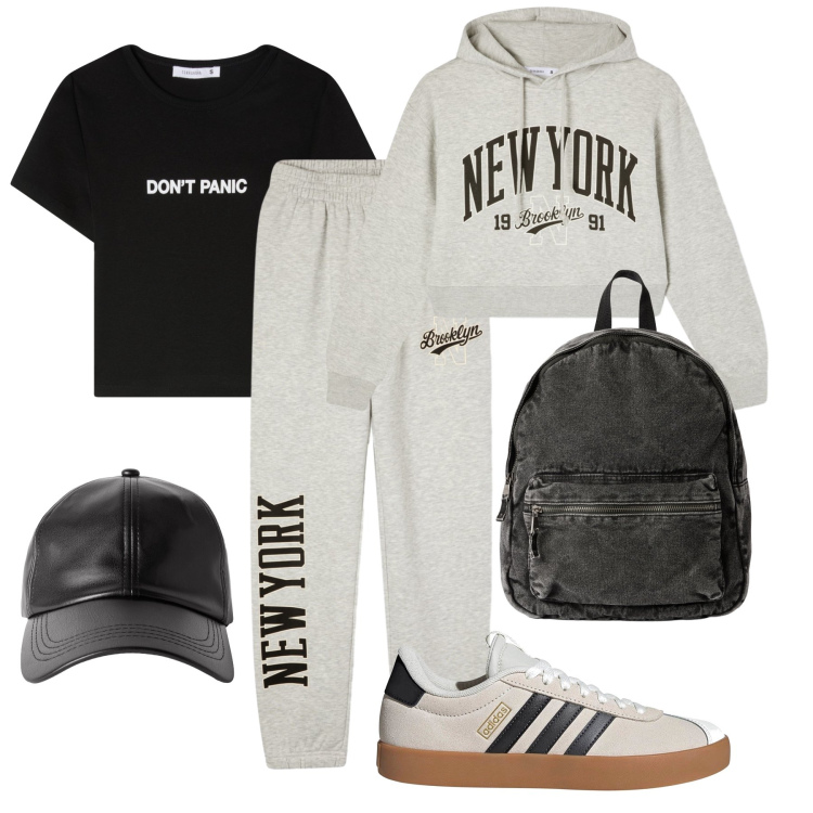 Outfit donna - Scuola teen Terranova. Stile Casual per Scuola/Università. Abbinamento con felpe con cappuccio, t-shirt, cappelli con visiera, zaini, pantaloni, sneakers.