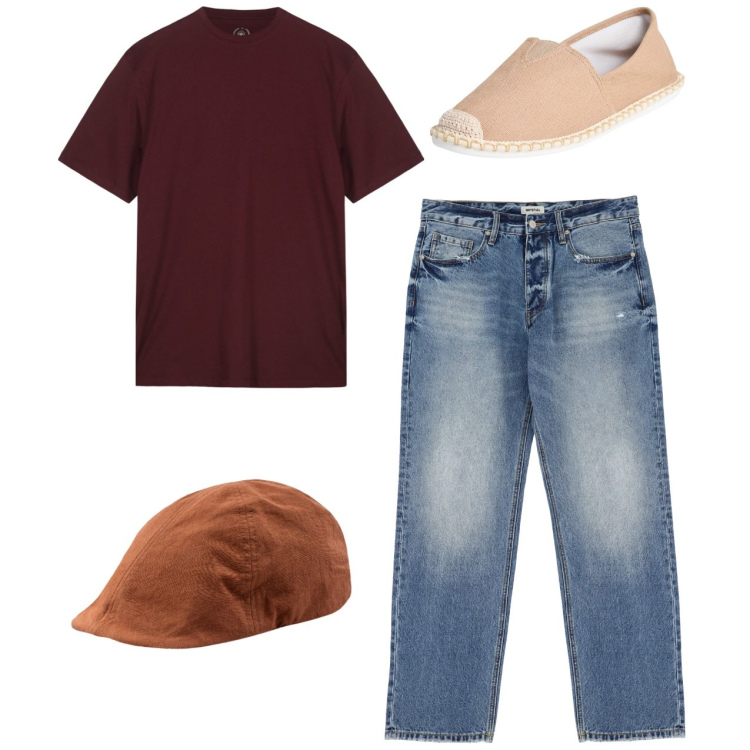 Outfit uomo - Total look. Stile Casual per Tutti i giorni. Abbinamento con espadrillas, jeans, t-shirt, cappelli con visiera.