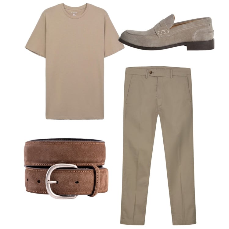 Outfit uomo - Total look. Stile Casual per Tutti i giorni. Abbinamento con t-shirt, scarpe stringate, cinture, pantaloni chino.