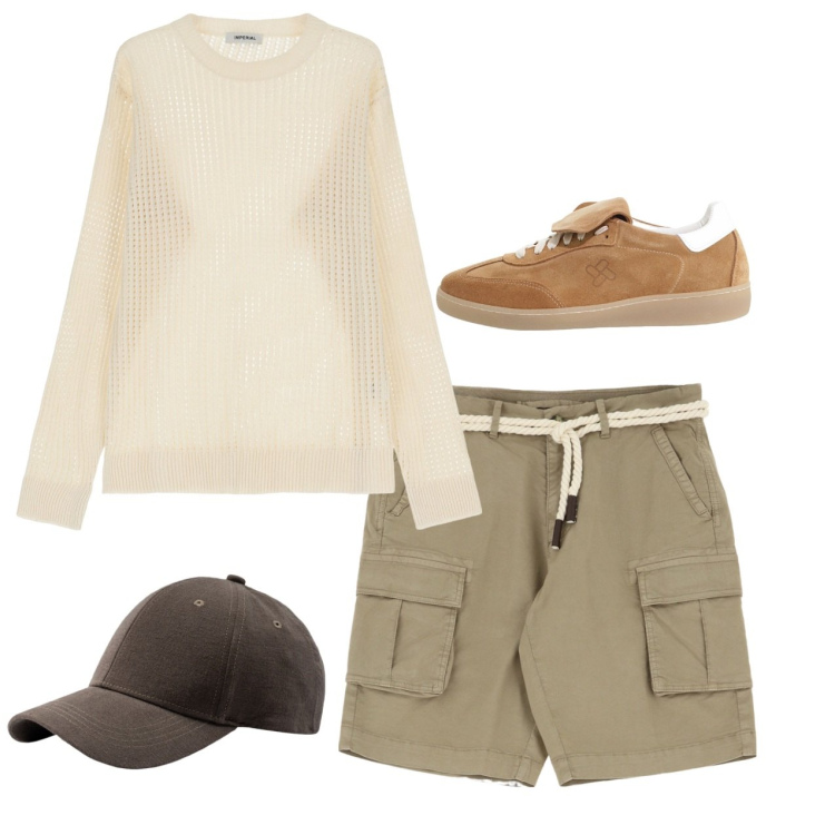 Outfit uomo - Total look. Stile Casual per Tutti i giorni. Abbinamento con sneakers, bermuda, pullovers, cappelli con visiera.